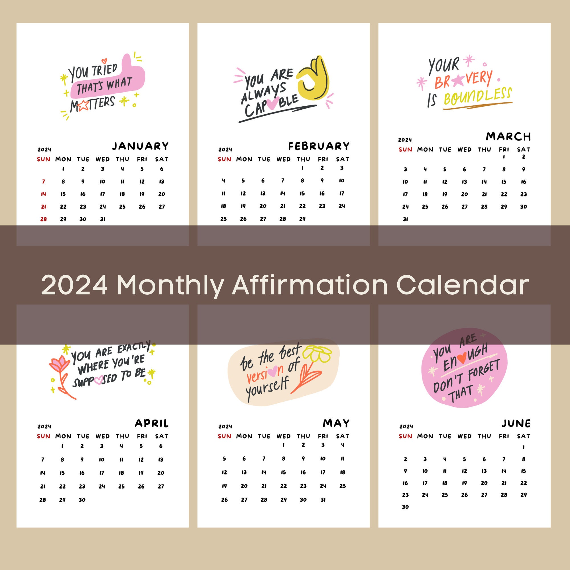 2024 Printable Affirmation Calendar Digital PDF Download Monthly