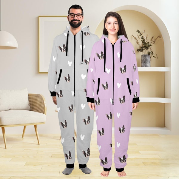 Custom Unisex Adult Onesie One-Piece Zip Up Hooded Pajamas Men's Women's Personalized Pet Photo Pajamas Adult Onesie