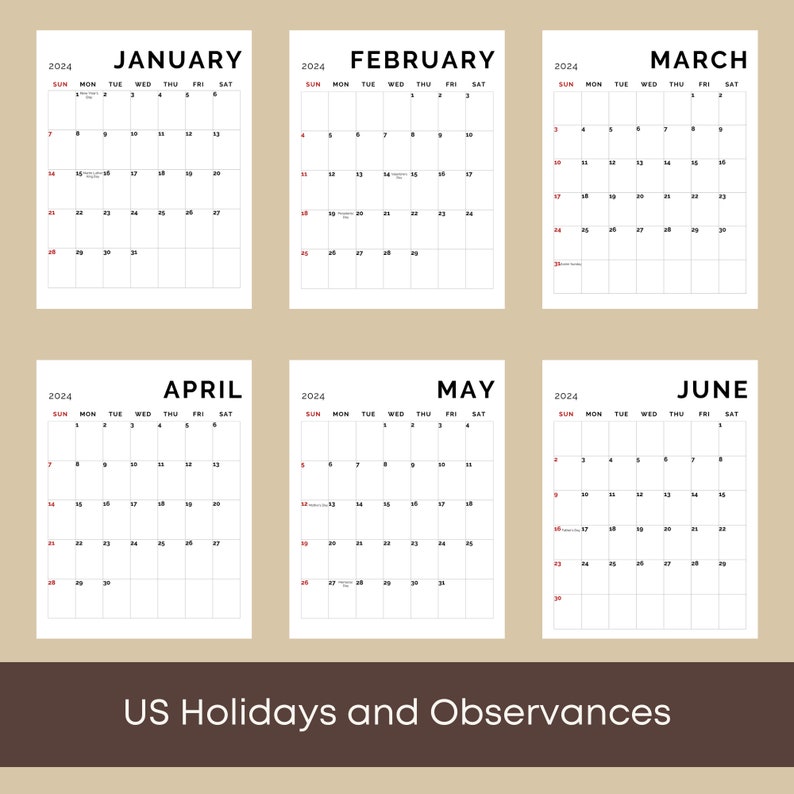 2024 Printable US Calendar With Federal Holidays and Observances