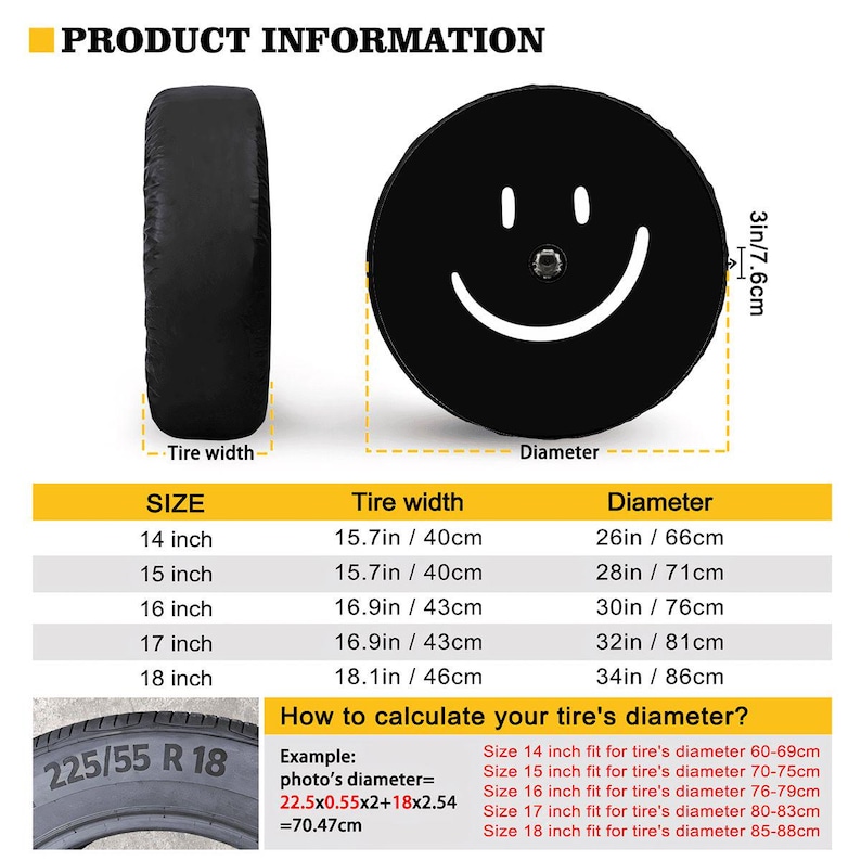 K&ouml;nnte beinhalten: Eine schwarze Reifenabdeckung mit einem Smiley-Gesicht-Design. Die Abdeckung ist 7,6 cm dick und hat einen Durchmesser von 66 cm. Das Bild zeigt auch eine Tabelle mit der Gr&ouml;&szlig;e der Reifenabdeckung und dem entsprechenden Durchmesser.