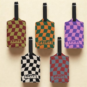 Custom Checkerboard Luggage Tag Leather Suitcase Tag Personalized Gift for Traveler Cute Luggage Tag Coworker Gift