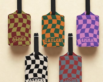 Custom Checkerboard Luggage Tag Leather Suitcase Tag Personalized Gift for Traveler Cute Luggage Tag Coworker Gift
