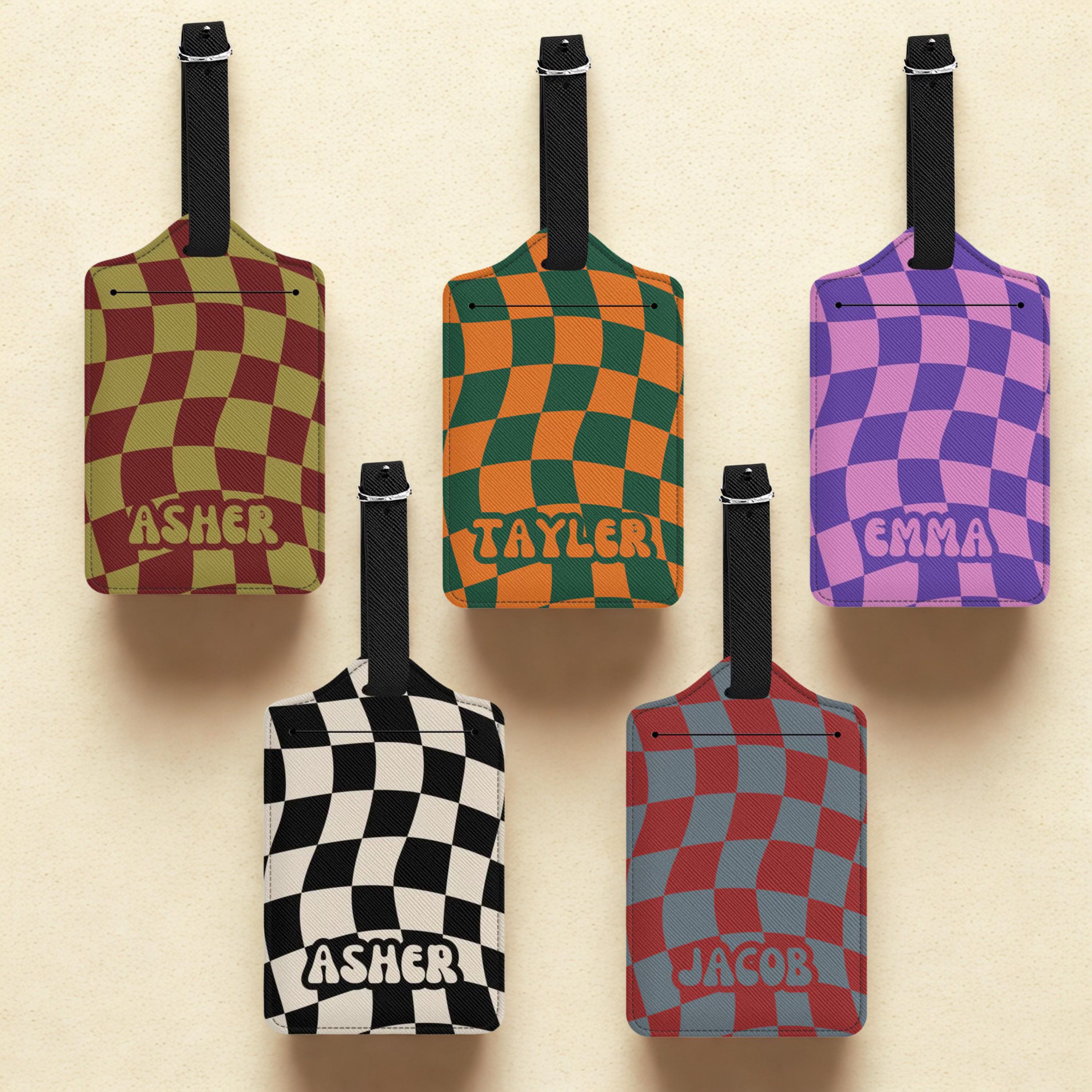 Custom Checkerboard Luggage Tag Leather Suitcase Tag Personalized Gift for Traveler Cute Luggage Tag Coworker Gift