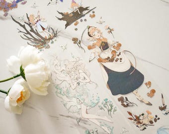 PET-tape met schattige meisjespersonage|Wilde boself| PET-tape met melkwegeffect| Lus van 145 cm|Journaling|Scrapbooken|