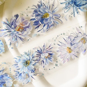Taśma PET washi z niebieskim kwiatem|Epiphyllum|Taśma PET z rozbitą muszlą|Pętla 135 cm|Scrapbooking|Prowadzenie dziennika||