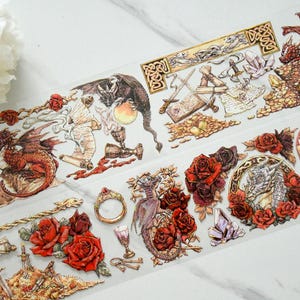 Le trésor et le dragon|Rushi adhésif esthétique médiéval en PET | Ruban adhésif PET effet coquillages dorés | Boucle de 100 cm|Journaling|Scrapbooking|