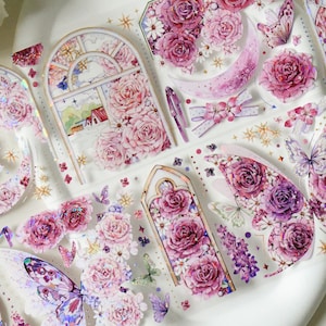 Rosey window|Cute floral PET washi tape|shattered-shell effect PET tape|100cm loop|Journaling|Scrapbooking|Junk journal|