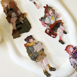 PET-washi-tape met schattige meisjespersonage|waar ga je heen |Witinktende PET-tape|90 cm lus|Scrapbooking|Journaling|