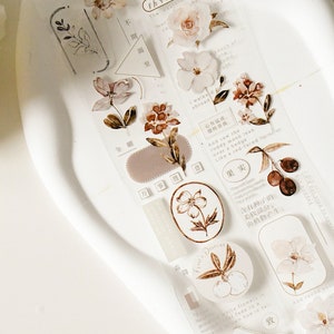 Ruban adhésif PET botanique vintage|Feuilles d'automne|Ruban PET encre blanche|boucle de 100 cm|Scrapbooking|Journaling|Thé aux taches de rousseur Vol.3|