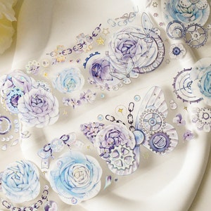 Bloem en tijd | washi-tape met uurwerkelementen|Holografisch zilveren PET-tape|100 cm lus|Scrapbooking|Journaling||