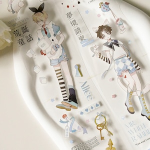 Ruban adhésif PET washi pour garçon mignon|Wondering in Wonderland|Ruban PET encreur blanc|boucle de 87 cm|Scrapbooking|Journalistique||