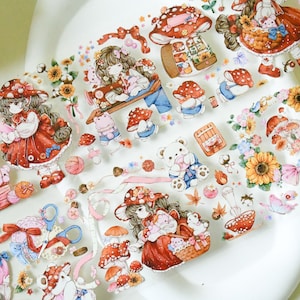 Ruban adhésif washi en PET pour petites filles | Mushroom house | Ruban adhésif PET effet cristal | Boucle de 100 cm | Scrapbooking | Journal |