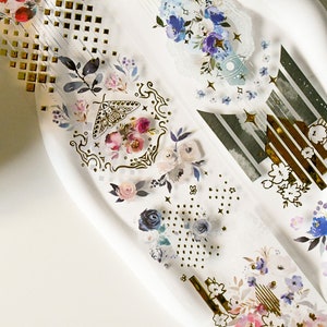 Ruban adhésif PET washi fleurs vintage perchés | Ruban adhésif en PET avec feuille d'or|boucle de 96 cm|Scrapbooking|Journalistique||