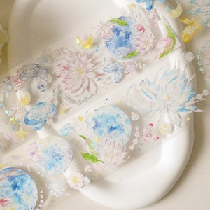 PET-washi-tape bloemen|Koningin van de nacht|Holografische PET-tape van zilver en verbrijzelde schaal|Lens van 100 cm|Scrapbooking|Journaling||