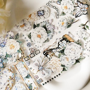Camélia|ruban adhésif PET vintage fleurs blanches|ruban adhésif PET effet coquillages|boucle de 100 cm|Journaling|Scrapbooking|Journal indésirable|