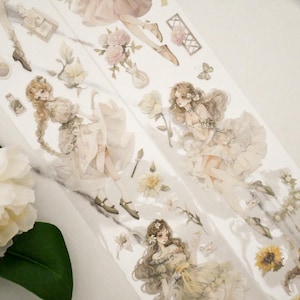 PET-tape met schattige meisjespersonages|Wals bloemen| PET-tape met verbrijzeld schelpeffect|lus van 91 cm|Journaling|Scrapbooking|Junkjournaal|