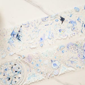 Vanished in the Blue Realm|Ruban washi en PET aquatique fantastique| Ruban adhésif PET effet coquillages argentés | Boucle de 125 cm|Journaling|Scrapbooking|