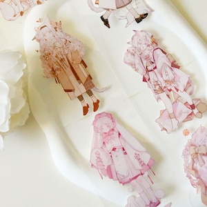 PET-washi-tape met schattige meisjesfiguur|Besparingen met hartjes|Witte inkt PET-tape|lus van 80 cm|Scrapbooking|Journaling|