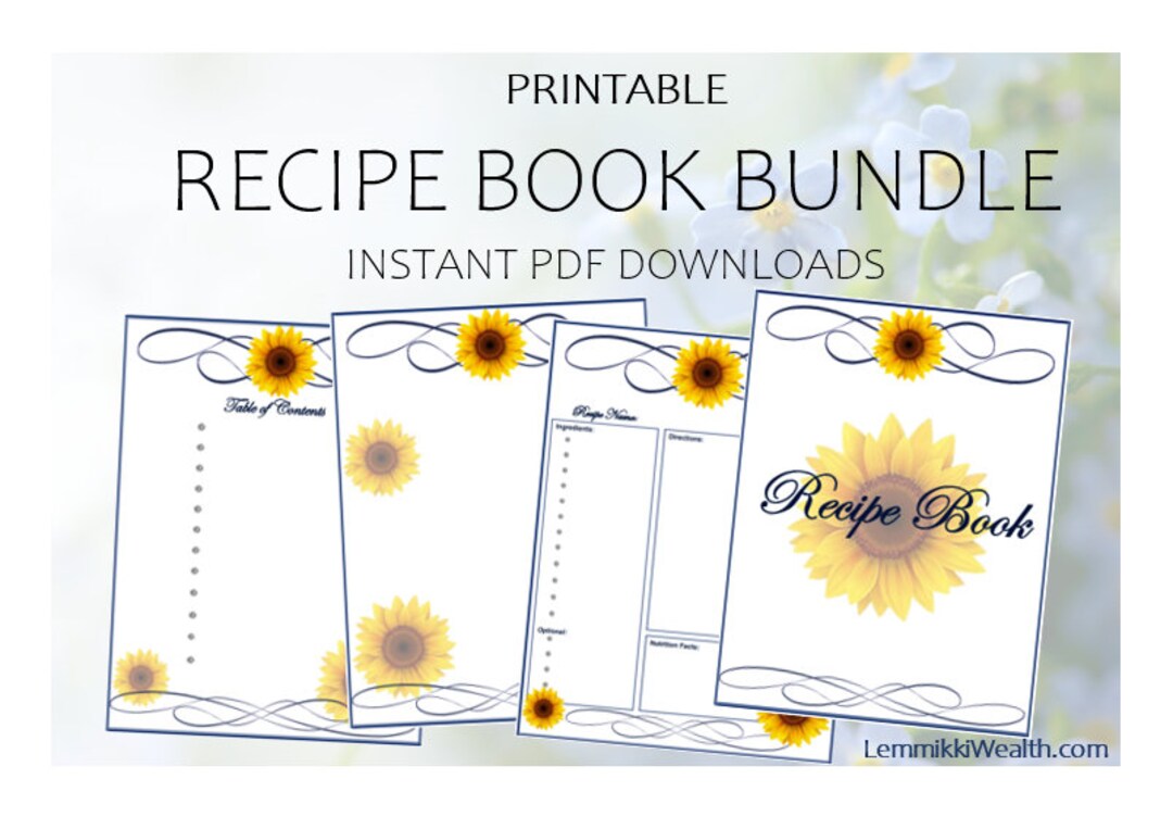 Sunflower Recipe Book Bundletemplatefull Sheets8.5x11instant PDF
