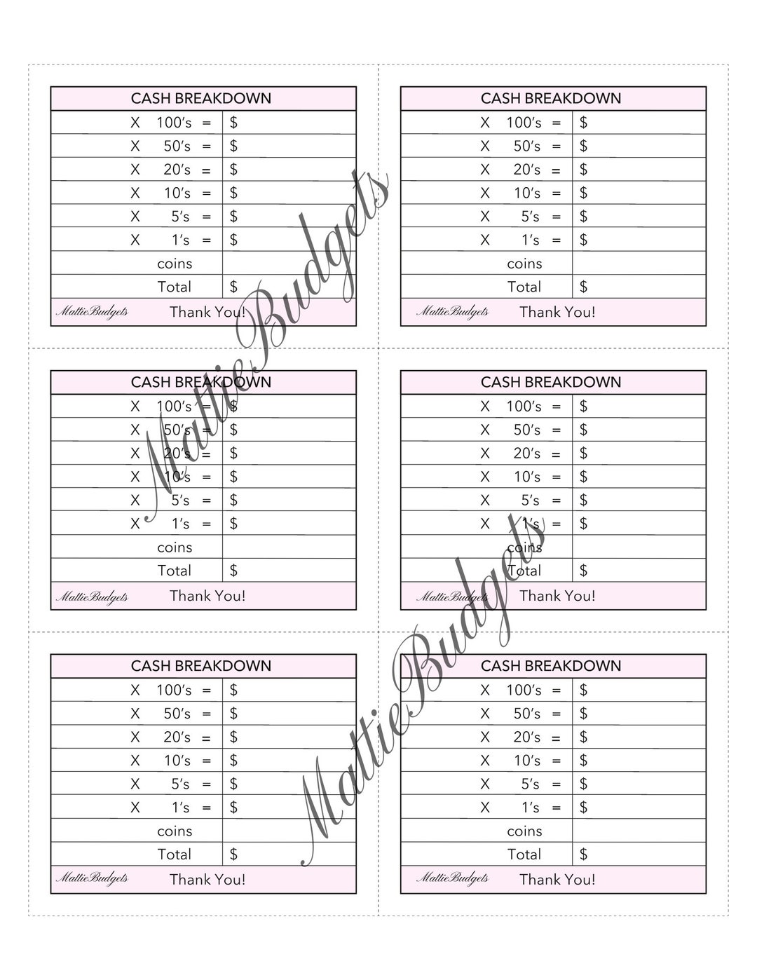 PRINTABLE Cash Breakdown Slip Bank Teller Slip - Etsy