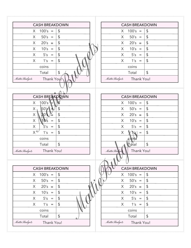 PRINTABLE Cash Breakdown Slip Bank Teller Slip - Etsy