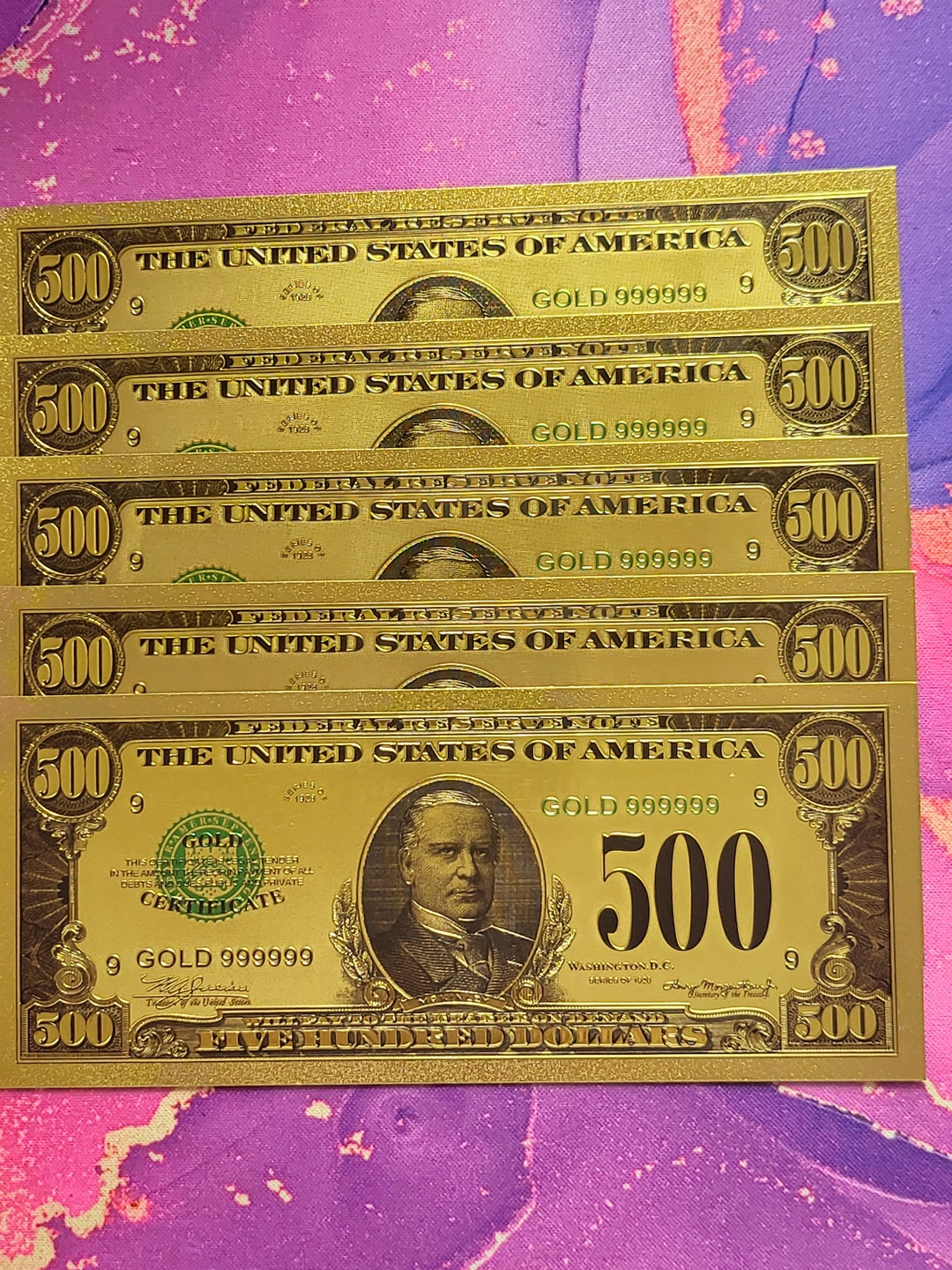 500 Dollars 24K Gold Foil Bill Placeholder Slips Cash Stuffing