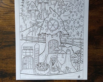 Yule Town, colouring page, yule colouring page