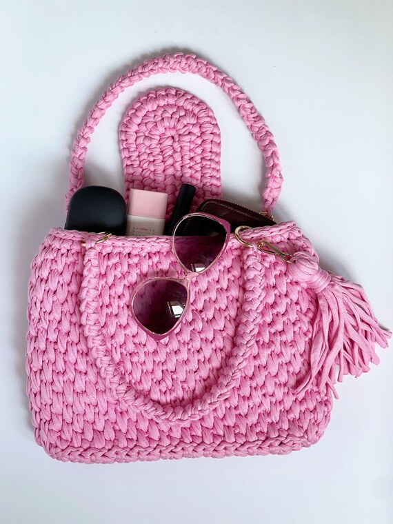 ★TOUT Y EST★ TSW Wavy Crochet Bag Pink SWBGCC001PN Pink Crochet Knitting Handbag, Crochet Project Bag, Crochet