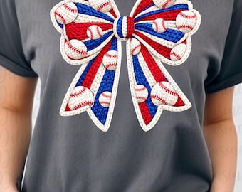 Faux yarn Coquette blue red white bow baseball png file, baseball png file, Png file download, Sublimation png file, baseball png design