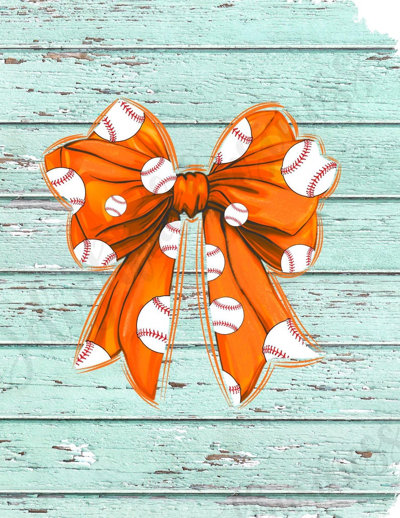 May include: Orange bow with white baseballs printed on it. The bow is against a light blue wooden background.