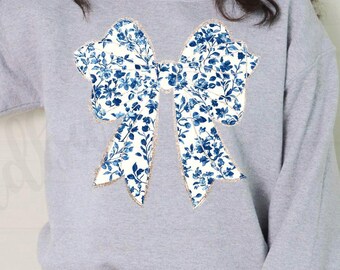 Blue toile bow png, Blue Floral Coquette bow png file, blue white bow png file, Png file download, bow png design