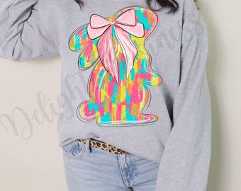 Easter bunny with pink coquette bow Png, brushstroke bunny Png file download, Designer png design, Easter shirt, Easter shirt png