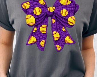 Faux yarn Softball coquette purple bow png design, softball png file, softball game day png, Designer png design, softball png design