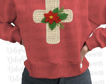 Faux yarn Christmss Cross PNG Design, Christian Christmas sublimation, Faux crochet Cross png