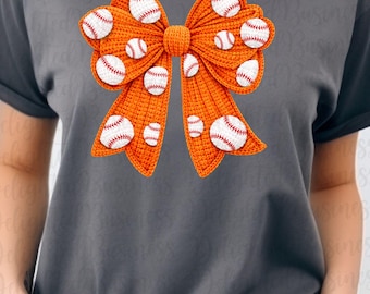 Faux yarn Coquette orange bow baseball png file, baseball png file, Png file download, Sublimation png file, baseball png design