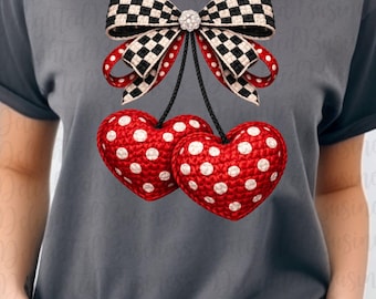 Faux crochet Cherry Hearts Png, Cherries with bow png, faux yarn png, Cherry heart png, Popular trending cherry png