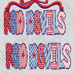 May include: Two "RED DEVILS" text designs with patriotic patterns, including stars, stripes, and gingham, in red, white, and blue. A red bow sits above the text. The design is suitable for apparel or accessories.