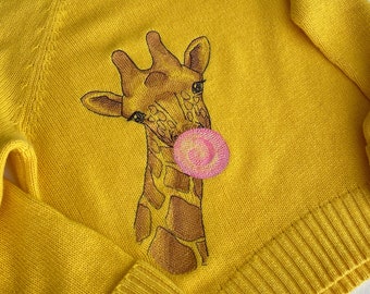 Kids Giraffe yellow bubblegum handmade natural sweater embroidered