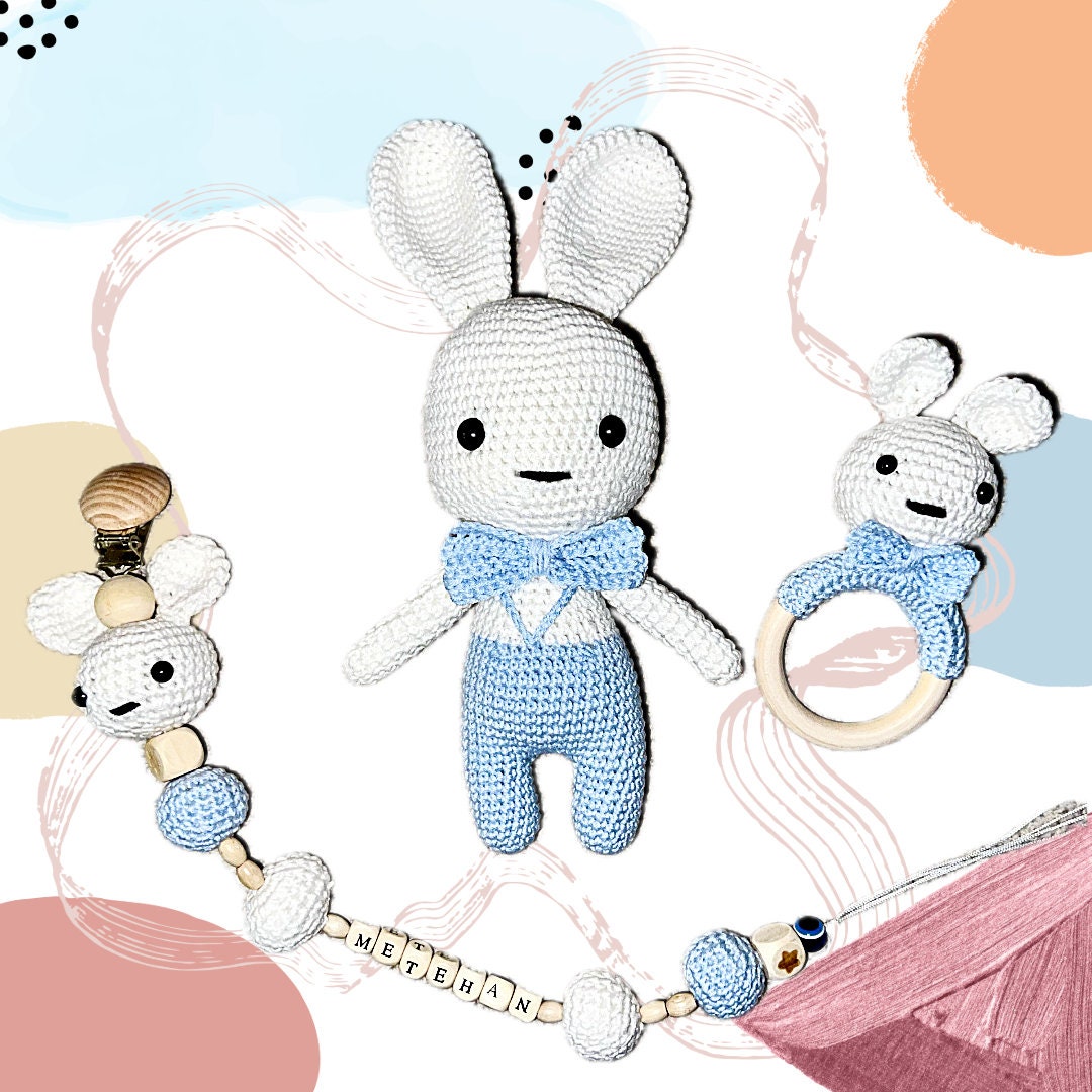 Handmade Crochet Fluffy Rabbit Baby Toy Set Personalized Newborn Gift 3 ...