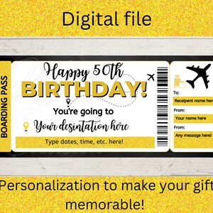 Modèle de carte d’embarquement d’anniversaire Gold Voyage surprise / Carte d’embarquement 50e anniversaire / 40e anniversaire / 30e anniversaire / 60e anniversaire / 21e anniversaire