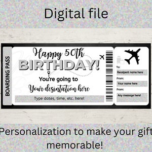 Modèle de carte d’embarquement d’anniversaire Silver Voyage surprise / Carte d’embarquement 50e anniversaire / 40e anniversaire / 30e anniversaire / 60e anniversaire / 21e anniversaire