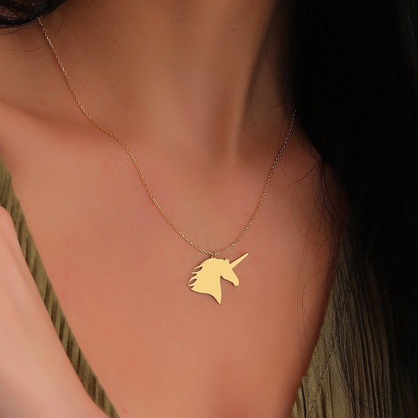 14K Solid Gold Unicorn Necklace Gift for Her, Handmade Ancient Greek Mythology Pegasus Horse Pendant, Minimalist Valentines Day Pony Jewelry