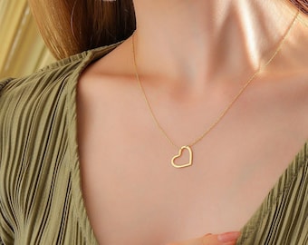 14k Solid Gold Heart Necklace: Dainty Open Heart Pendant, Handmade