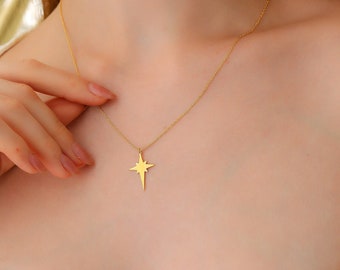14k Solid Gold North Star Necklace, Polaris Necklace, Cynosure Jewelry, Minimalist Star Signet, Celestial Star Gift for Easter 2023
