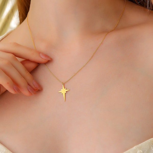 14k Solid Gold North Star Necklace, Polaris Necklace, Cynosure Jewelry, Minimalist Star Signet, Celestial Star Gift for Easter 2023