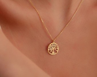 14K Solid Gold Baum des Lebens Halskette für Frauen, Minimalistischer Schmuck, Stammbaum Anhänger, Geschenk für Mama Weihnachten 2022