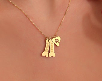 14K Solid Gold  Dog Bones and Paw Print On Heart Necklace, Personalized Dog Bone Memorial Necklace, Custom Names On Bone Gift For Dog Lover