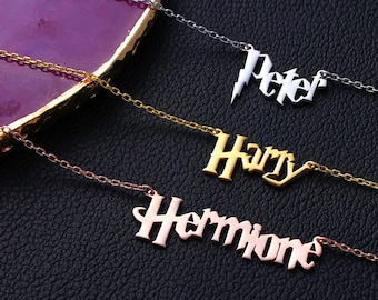 14K Solid Gold Harry Necklace Gift For Bookworms, Customasible Muggle Potter Name Choker, Wizard Initial Pendant, Handmade Gift For Her
