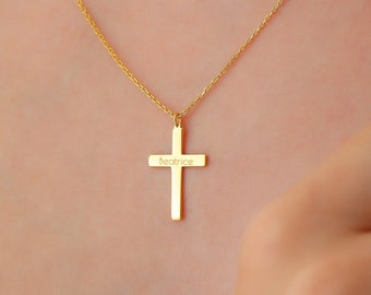 14k Solid Gold Cross Necklace, Personalized Cross Pendant, Charm Protection Choker, Christian Cross Baptism, Mother gift Christmas