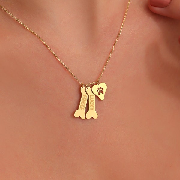 14K Solid Gold  Dog Bones and Paw Print On Heart Necklace, Personalized Dog Bone Memorial Necklace, Custom Names On Bone Gift For Dog Lover